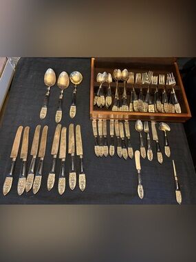 53 piece Mid Century Handmade VTG Siam Buddha Brass/Rosewood Flatware